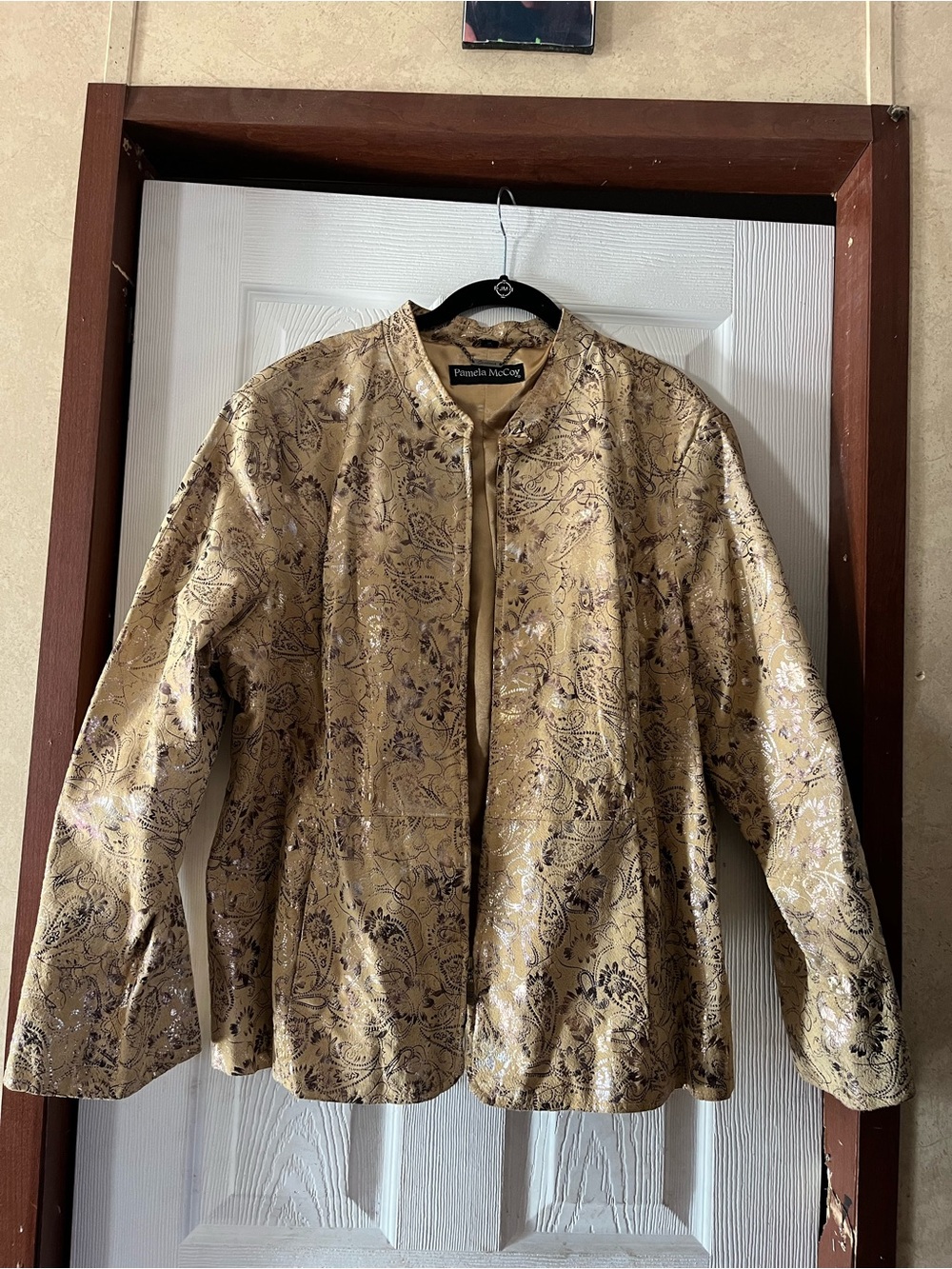Pamela McCoy Gold Paisley Print Leather Jacket Stand Collar 3X Like New